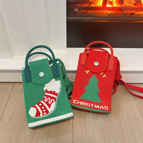 Mini Strick Handytasche Umhängetasche Weihnachten Weihnachtsmann Schneemann Muster Tragbare Kleine Handtasche Damen Mädchen