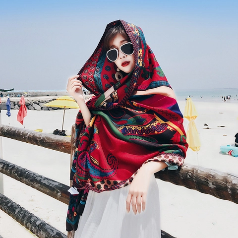 Bohemian Cotton Linen Shawl Scarf Women Ethnic Paisley Floral Print Tassels Beach Sun Protection Summer Travel
