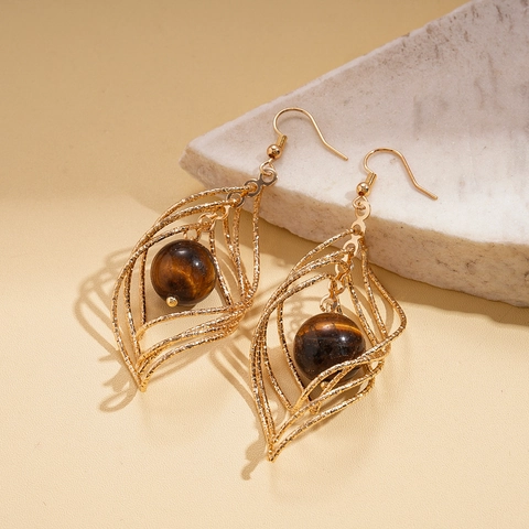 Orecchini A Rombo Geometrico Cavo Ritorto Oro Con Perle Occhio Di Tigre Gioielli Vintage Per Donne