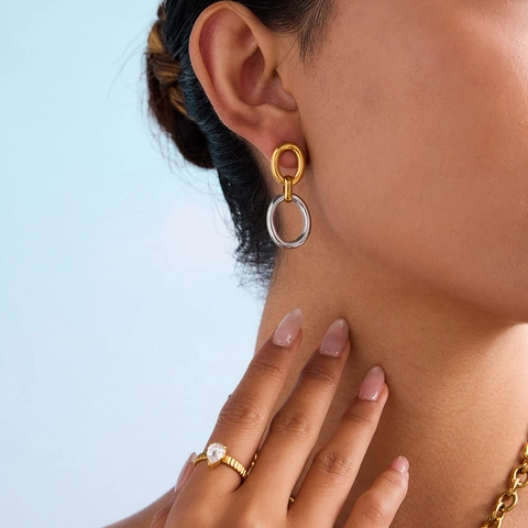 Stainless Steel Interlocking Oval Link Drop Earrings Gold And Silver Two Tone Geometric Hypoallergenic Jewelry For Women