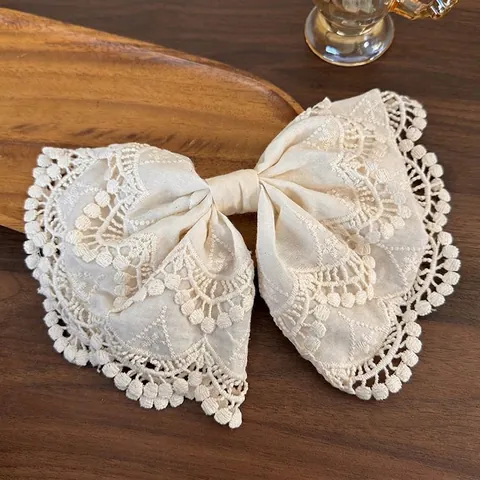 Große Schleife Haarklammer Vintage Spitze Stickerei Baumwolle Mit Gewelltem Rand Feder Haarspange Für Frauen Elegant