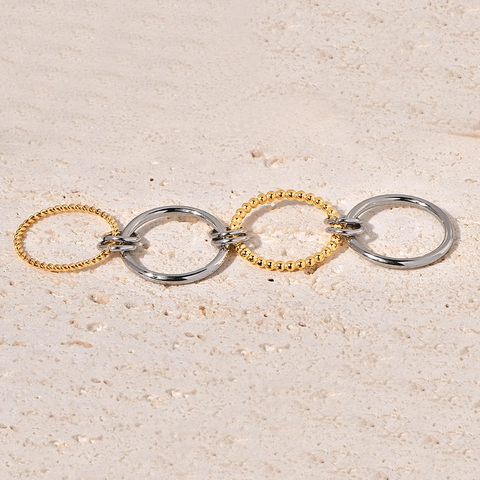 Fashion Interlocking Rings For Women Stainless Steel 18K Gold Plated Stacked Mixed Textures Twisted Beaded Two Tone Geometric