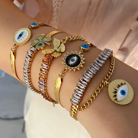 Bracciale In Acciaio Inossidabile Con Occhio Del Diavolo Farfalla Trifoglio Per Donna Zirconi Smalto Catena Regolabile