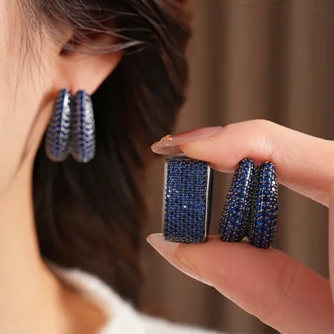Vintage Blauwe Zirkoon Hoop Oorbellen Koper Dubbele Laag Waterdruppel Vierkant Retro Luxe Stijl Voor Vrouwen