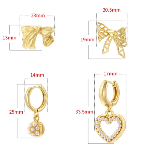 Vintage Copper Bowknot Heart Stud Earrings For Women Striped Inlaid Artificial Pearl Gold Silver Drop Earrings Jewelry Gift