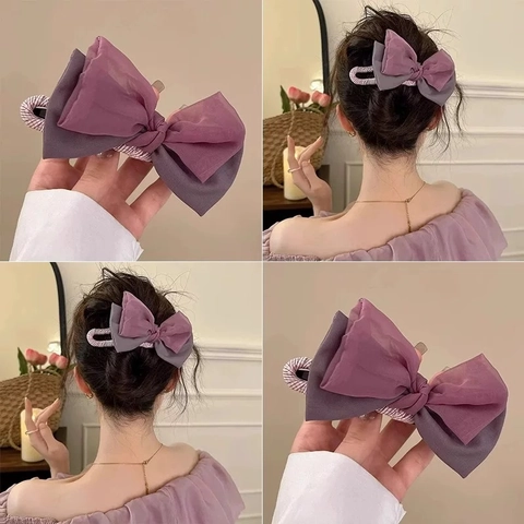 Pinza Para El Pelo Con Lazo De Doble Capa De Malla Y Gasa Estampado De Cuadros Pinza De Pato Accesorio Elegante Para Mujer
