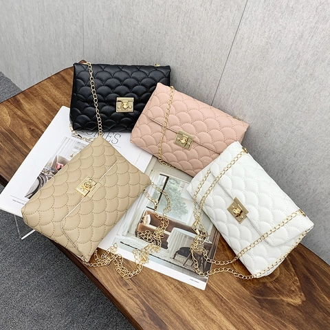 Dames Crossbody Tas PU Leer Schelp Doorgestikt Gouden Ketting Slot Mode Vierkante Handtas