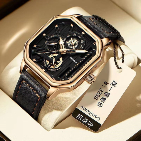 Orologio al Quarzo da Uomo Quadrato alla Moda Grande Quadrante Cinturino in Vera Pelle Orologio Sportivo per Ragazzi Business Casual