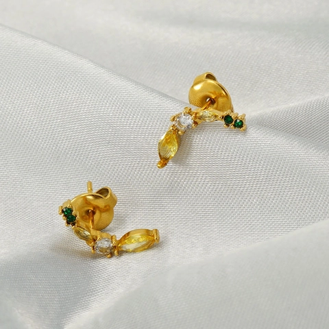 Edelstahl Ohrstecker 18K Vergoldet Bunte Zirkonia Vogel Blatt Form Mode Minimalistischer Schmuck Für Frauen