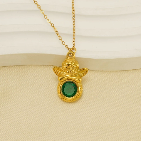 Collana Con Ciondolo Angelo In Acciaio Inossidabile Placcato Oro 18K Con Zircone Verde Gioielli Cupido Per Donna