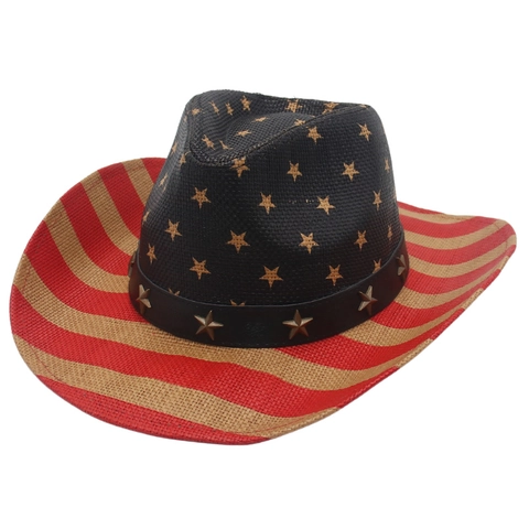 Chapeau Cow-Boy Western Drapeau Américain Imperméable Tressé Jazz Fedora Avec Rivets Étoiles Métalliques Pour Extérieur