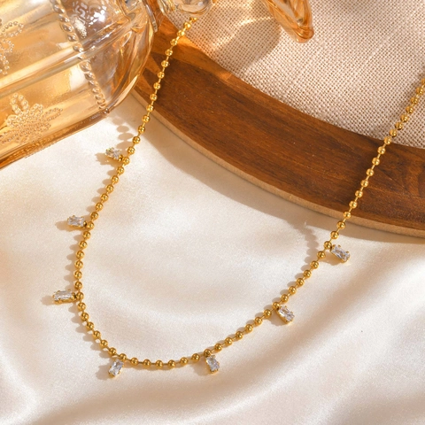 Collar De Acero Inoxidable Chapado En Oro Zirconia Cúbica Cuadrada Blanca Cadena De Bolas Joyería Elegante Para Mujer