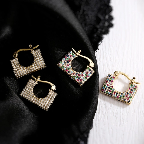 Retro Geometric Hoop Earrings Copper Real Gold Plated Zircon Pave Irregular Rectangular Bag Shape Fashion For Women