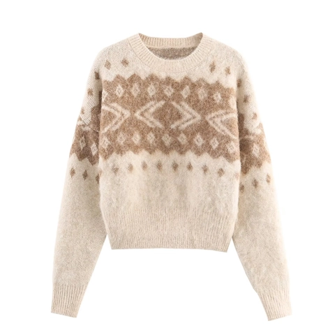 Pull Tricoté Pour Femmes Peluche Style Mohair Jacquard Géométrique Fair Isle Col Rond Manches Longues Doux Chaud