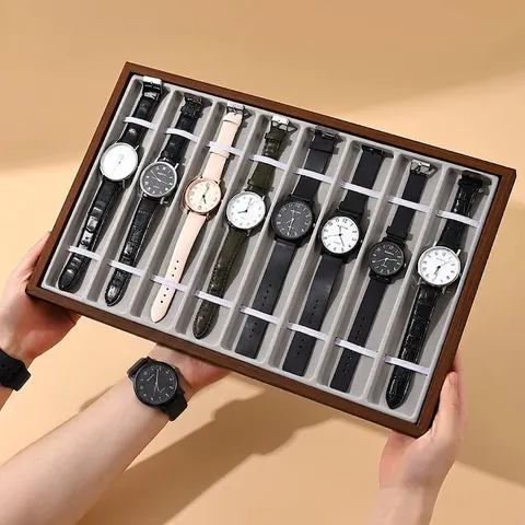 Walnut Wood Grain Watch Display Tray Velvet Lining Compartment Storage Organizer For Wristwatches Straps Bracelets