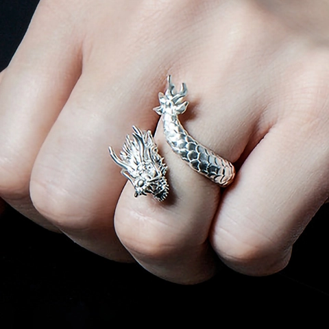 Vintage Men Chinese Dragon Adjustable Open Ring Silver Plated Alloy Animal Motif Gothic Punk Style Domineering Finger Jewelry