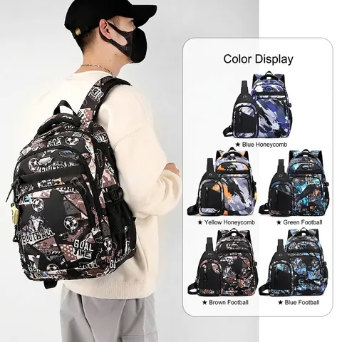 Nylon Backpack And Sling Bag Large Capacity Football Graffiti Pattern Lightweight School Travel For Boys Students