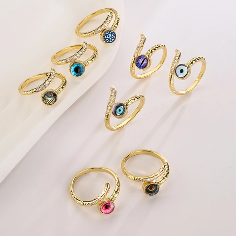 Anillo Abierto Ojo Turco Cobre Chapado En Oro De 18K Circón Micro Incrustado Joyería Ajustable Geométrica Para Mujer Regalo