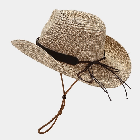 Western Cowboy Straw Hat Shell Decor Sun Protection Summer Beach Wide Brim Adjustable Windproof Rope For Women Men
