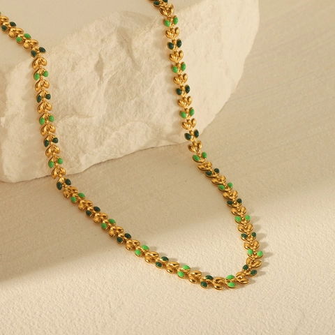 Collar De Vid De Hoja De Olivo De Acero Inoxidable Con Esmalte Verde De Dos Tonos Chapado En Oro Joyería De Moda Para Mujer