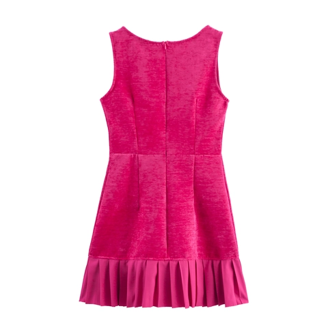 Samt Ärmelloses Kleid Mit Eckigem Ausschnitt Und Plissee-Saum In Rosa Retro-Stil Für Damen