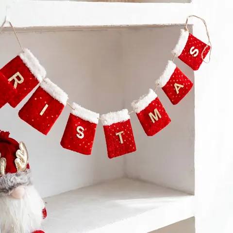 Ghirlanda Lettere Buon Natale Feltro Tasche Forma Calza Paillettes Striscione Appeso Per Decorazione Festa Casa
