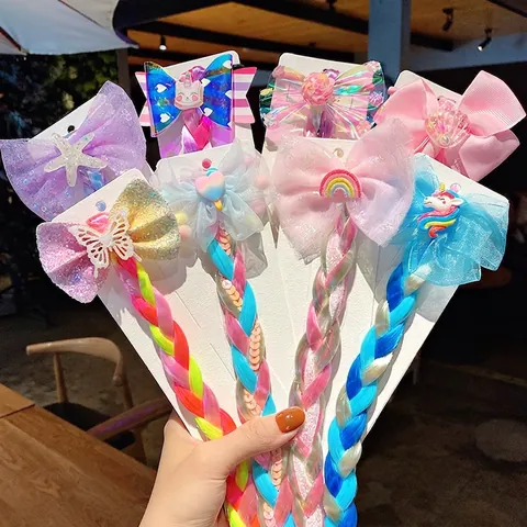 Kinder Haarstrikken Met Lange Gevlochten Synthetische Vezel Pruik Strik Regenboog Unicorn Haaraccessoires Voor Meisjes Styling
