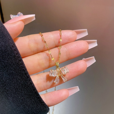 Butterfly Bow Pendant Necklace Titanium Steel Chain Copper Micro Inlaid Zircon Gold Plated Fashion Jewelry For Women