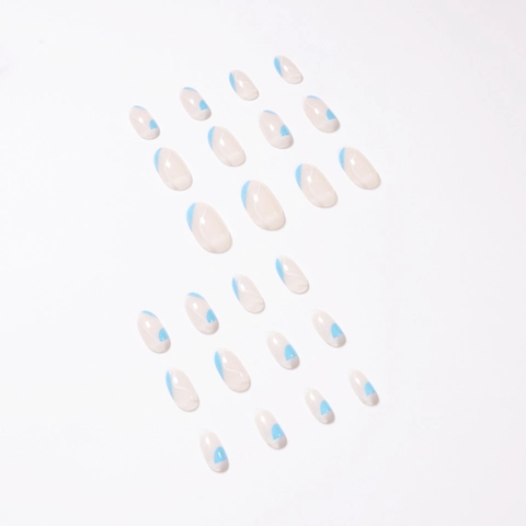 Unghie Finte Con Linea Francese Blu Forma A Mandorla Base Nude Lucida Punte Per Unghie Artificiali Per Donne Elegante Semplice