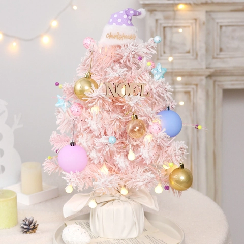 Caja De Música Giratoria Mini Árbol De Navidad Rosa Flocado Adorno De Escritorio Con Luces LED Bolas Y Estrellas