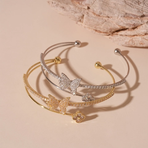 Double Layer Open Bangle Copper Bracelet With Zircon Butterfly And Clover Design Adjustable Elegant Jewelry For Women