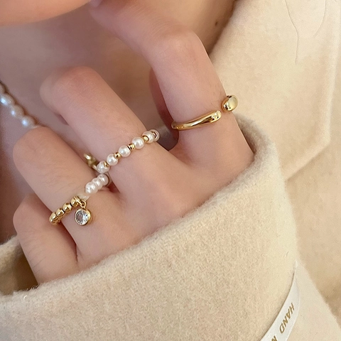Anello Aperto Geometrico Künstliche Perle Anelli Da Dito Pendente In Zircone Gioielli Per Donna Placcato Oro Regolabile Moda Elegante