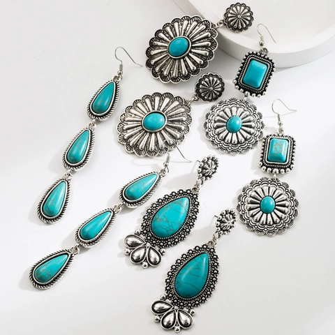 Bohemian Vintage Alloy Turquoise Drop Earrings For Women Ethnic Geometric Water Drop Rhinestone Inlaid Dangle Accessory