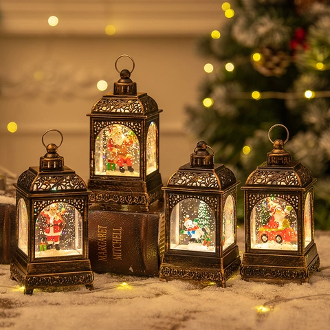 Christmas Snow Globe Lantern Vintage Bronze LED Light Water Filled Swirling Glitter Ornament Desktop Holiday Decoration