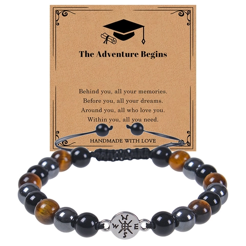 Graduation Gift Compass Pendant Beaded Bracelet Natural Tiger Eye Hematite Stone Adjustable Woven Rope Inspirational Card