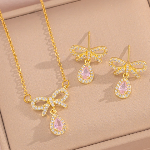 Elegante Ketting En Oorbellen Met Strik En Waterdruppel Titanium Staal Verguld Met Zirkonia Sieraden Voor Dames