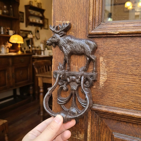 Vintage Cast Iron Door Knocker Elk Moose Deer Shaped Antique Finish Rustic Home Garden Gate Decor Heavy Duty