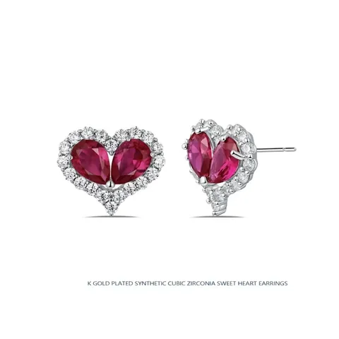 Orecchini E Collana Zirconia Rossa Cuore Perno Argento Sterling 925 Rame Placcato Oro Stile Dolce