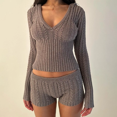 Donna Sexy Maglia Con Cappuccio Manica Lunga Scollo A V Crop Top E Pantaloncini Trecce Streetwear Colore Solido