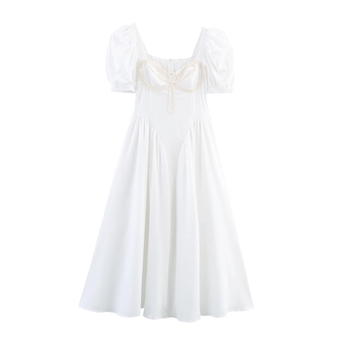 Witte Maxi-Jurk Met Vierkante Hals Pofmouwen Franse Vintage Stijl Gevlochten Detail Elegante Dames