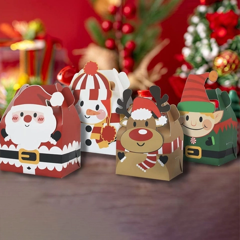 Christmas Gift Box Portable Paper Candy Bag With Handle Clear Window Holiday Party Favors Cartoon Santa Snowman Reindeer