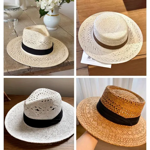 Women Hand Woven Straw Hat Wide Brim Sun Protection Breathable Flat Top Boater Style French Vintage Summer Beach Ribbon Bow