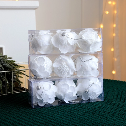 White Glitter Christmas Ball Ornaments Flower Petal Foam Fabric Hanging Baubles For Xmas Tree Decor Winter Holiday