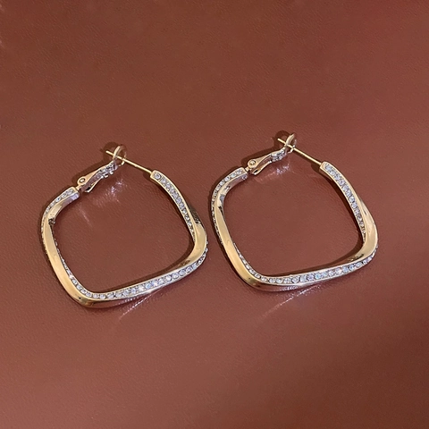 Geometric Twisted Square Hoop Earrings Gold Plated Copper Rhinestone With 925 Sterling Silver Earring Post Elegant Women