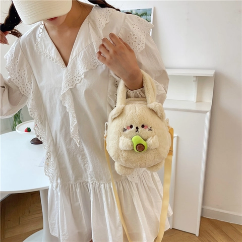 Plush Crossbody Bag Cute Soft Animal Shaped Cat Rabbit Handbag Pouch For Kids Girls