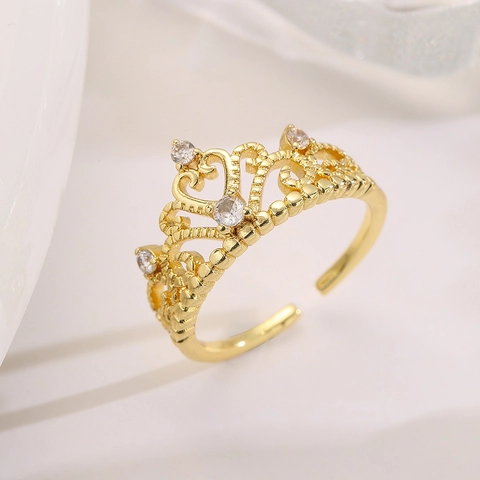Anello Corona Rame Placcato Oro 18K Zircone Palazzo Retrò Regolabile Design Traforato Gioielli Per Donna