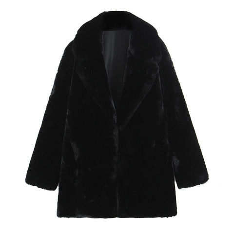 Women Faux Fur Coat Black Mid-Length Thick Warm Winter Jacket Elegant Lapel Long Sleeve Plush Solid Outerwear