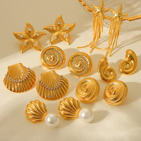 Boucles Oreilles Clous Coquillage Étoile De Mer En Acier Inoxydable Plaqué Or 18K Avec Künstliche Perle Et Strass Pour Femmes