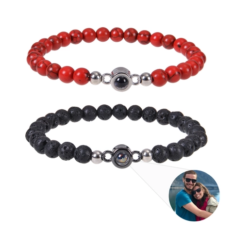 Bracelet En Perles De Pierre Naturelle Avec Pendentif De Projection De Photo En Alliage Bijou Fait Main Pour Couples