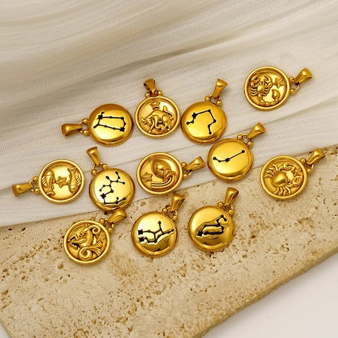 Zodiac Sign Pendant Circular Coin Charm 304 Stainless Steel 18K Gold Plated Waterproof Hypoallergenic DIY Accessory